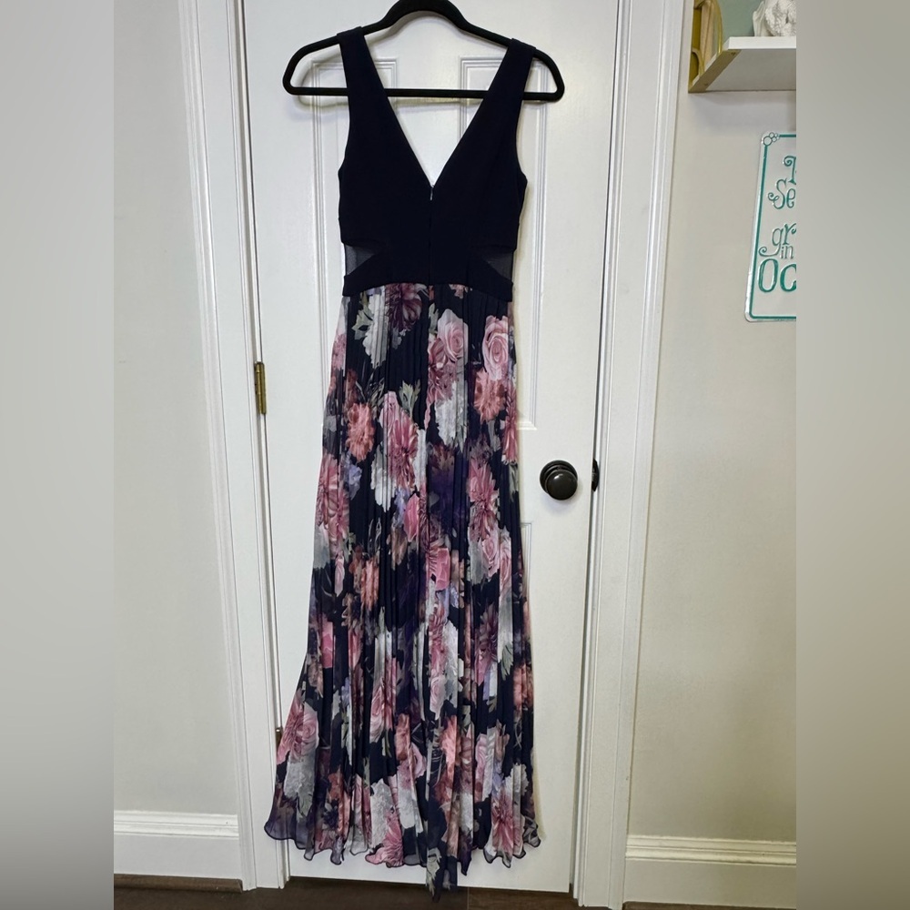 Xscape Black and Pink Pleated Gown with V-neck for Wedding Guest - Picture 3 of 9